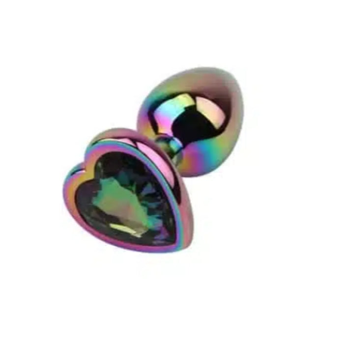Small rainbow heart anal plug with faceted gemstone centerpiece