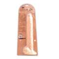 A peach-colored realistic silicone dildo with scrotum in clear packaging with orange backing by hung r for experienced users