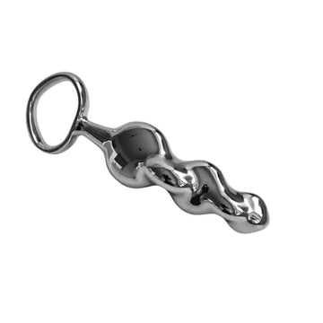 Shiny stainless steel hunky thruster small anal plug with polished finish and wavy segmented design with ring handle