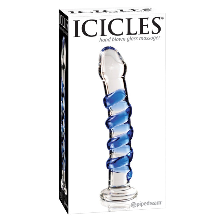 Icicles No.5  7" Glass Dildo - Blue Swirl. Elegant, upscale, and hand-crafted with amazing attention to detail, this luxurious line of glass massagers will leave you breathless. Each hand-blown Icicle glass wand is sleek and unique. The hypoallergenic glass is nonporous and body safe, and when cared for properly, is designed to last a lifetime. Run the wand under warm water to heat things up, or chill it under cold water for a cool sensation. 