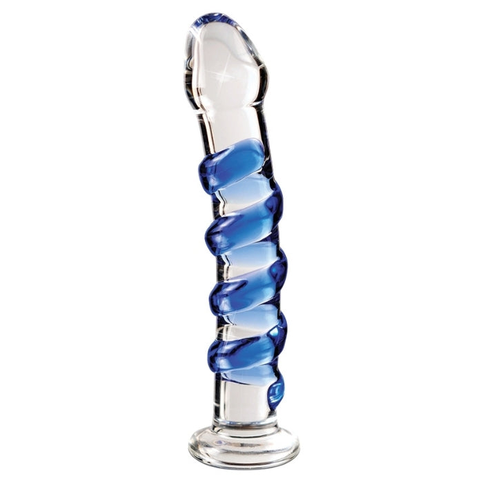 Icicles No.5  7" Glass Dildo - Blue Swirl. Elegant, upscale, and hand-crafted with amazing attention to detail, this luxurious line of glass massagers will leave you breathless. Each hand-blown Icicle glass wand is sleek and unique. The hypoallergenic glass is nonporous and body safe, and when cared for properly, is designed to last a lifetime. Run the wand under warm water to heat things up, or chill it under cold water for a cool sensation. 