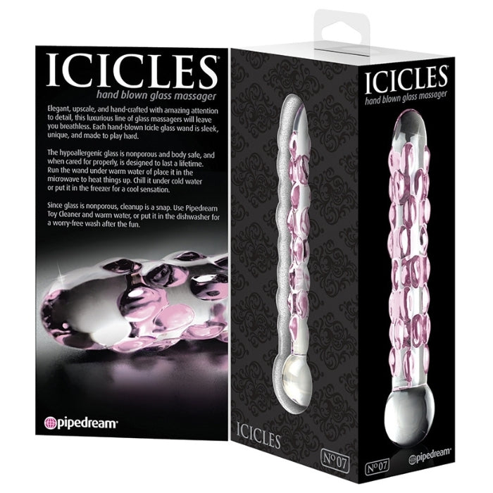 Icicles No.7  7" Glass Dildo - Pink Speckels. Elegant, upscale, and hand-crafted with amazing attention to detail, this luxurious line of glass massagers will leave you breathless. Each hand-blown Icicle glass wand is sleek and unique. The hypoallergenic glass is nonporous and body safe, and when cared for properly, is designed to last a lifetime. Run the wand under warm water to heat things up, or chill it under cold water for a cool sensation.