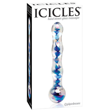 Icicles No.8  7" Glass Dildo - Blue Swirl. Elegant, upscale, and hand-crafted with amazing attention to detail, this luxurious line of glass massagers will leave you breathless. Each hand-blown Icicle glass wand is sleek and unique. The hypoallergenic glass is nonporous and body safe, and when cared for properly, is designed to last a lifetime. Run the wand under warm water to heat things up, or chill it under cold water for a cool sensation. 