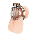 Silver stainless steel inverted micro jail time chastity cage with vertical bars and locking mechanism in micro jail design