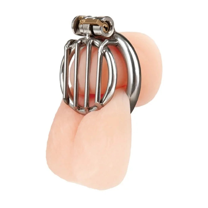 Silver stainless steel inverted micro jail time chastity cage with vertical bars and locking mechanism in micro jail design
