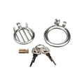 Silver stainless steel inverted micro jail time chastity cage with slatted micro jail design and two matching keys