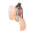 Silver-toned stainless steel inverted micro jail time chastity cage with circular locking mechanism and micro jail design