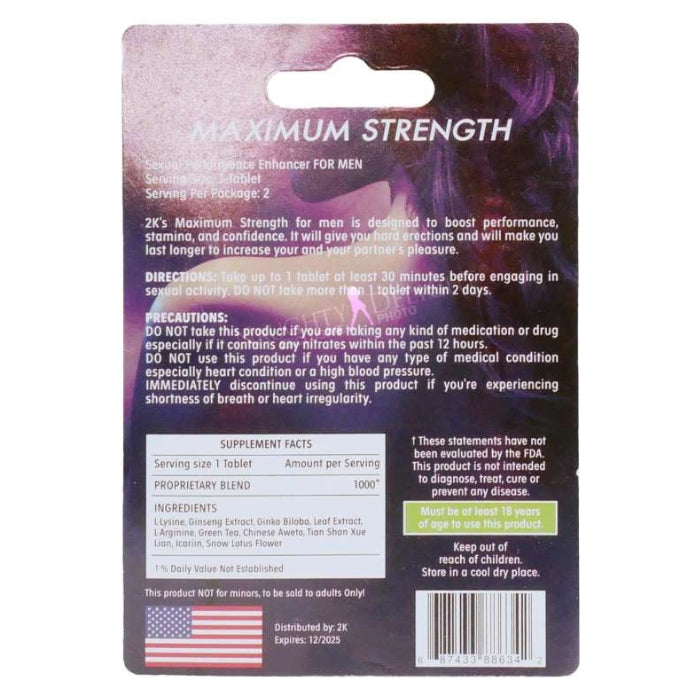 Kangaroo's 2K's premium blend has been scientifically designed for men to increase stamina and performance. 2K is formulated to promote harder erections and enhance sexual activity. GTINKangaroo's 2K's premium blend has been scientifically designed for men to increase stamina and performance. 2K is formulated to promote harder erections and enhance sexual activity.