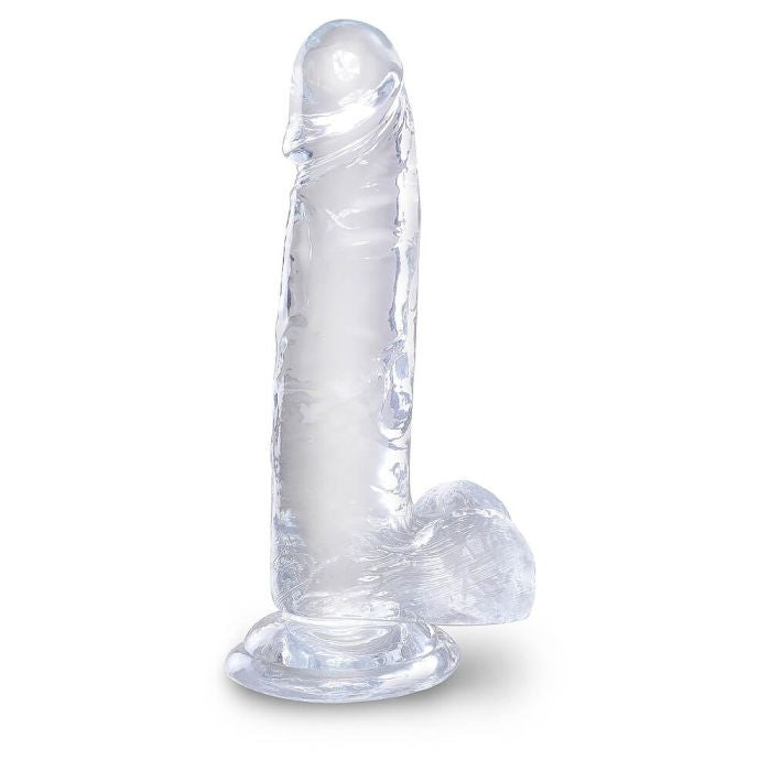 King Cock combines a translucent dildo with a realistic cock design. Its flexible shaft, detailed veins, and defined head, King Cock Clear will engage your senses visually and physically. The powerful suction cup base sticks to nearly any flat surface and makes every dildo harness compatible. 7inches / 18cm.