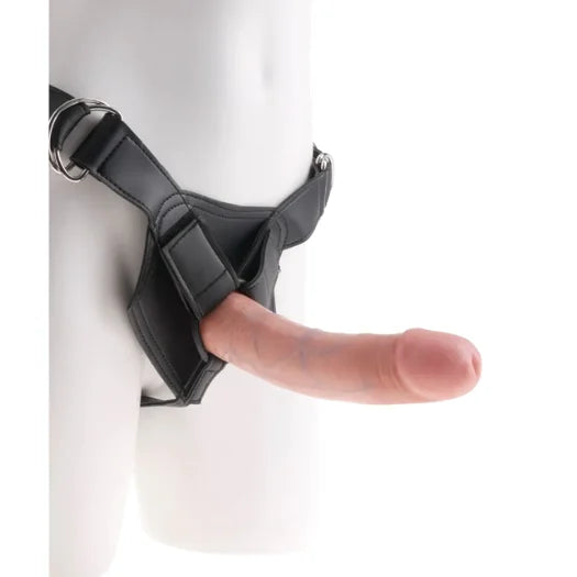 Black leather king cock dildo harness with adjustable straps and metal hardware for a secure fit