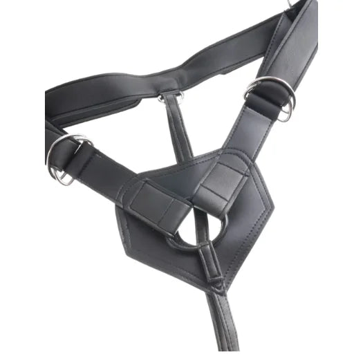 Black leather king cock dildo harness with adjustable straps and metal hardware for a secure fit