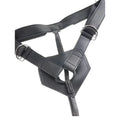 Black leather king cock dildo harness with silver rings and adjustable straps for a secure fit