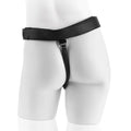 Black leather king cock dildo harness with central metal ring and adjustable straps for secure fit