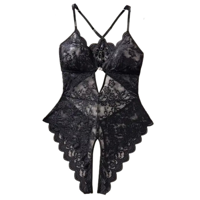 Black lace crotchless teddy with floral patterns and silver heart detail
