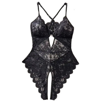 Black lace crotchless teddy with floral patterns and silver heart detail