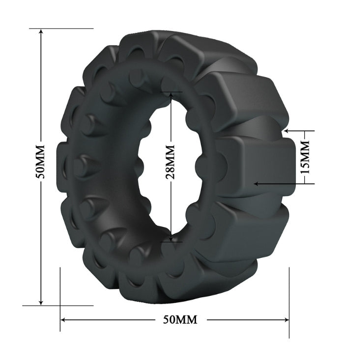 Laiden Crazy Bull Cock Ring in black with textured tread pattern and measurements