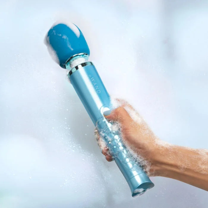 Le wand dive submersible wand massager with blue ceramic ends and metallic silver body featuring travel lock from lady jane adult shop