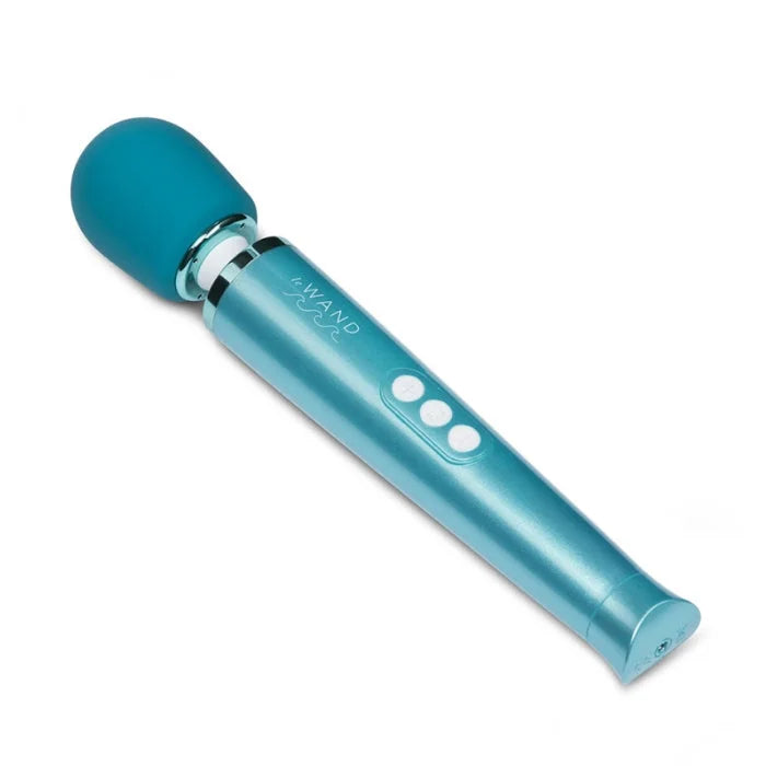 Teal wand dive submersible wand massager with rounded silicone head metallic accents and travel lock from lady jane adult shop