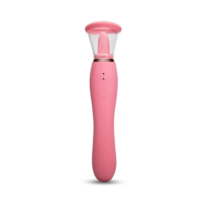 Le Wand Lick 3 in 1 vibrator pink with silicone tongue, ergonomic g spot design, clear head, and rose gold accent ring for oral stimulation