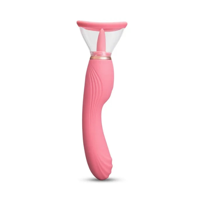 Le wand lick 3 in 1 vibrator pink featuring a silicone tongue, ergonomic g spot design, and oral stimulation chamber