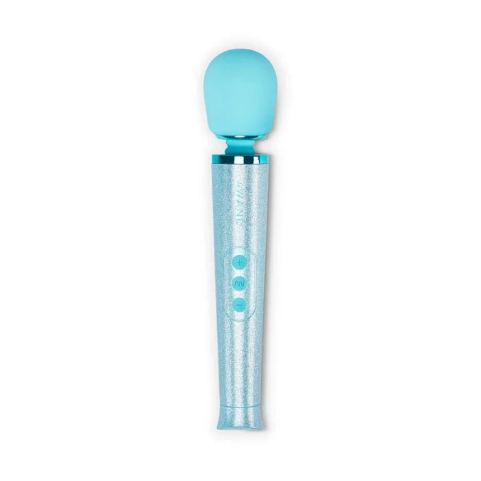 Le wand massager all that glimmers blue with a glittering light blue silicone head and three control buttons for women’s health femtech