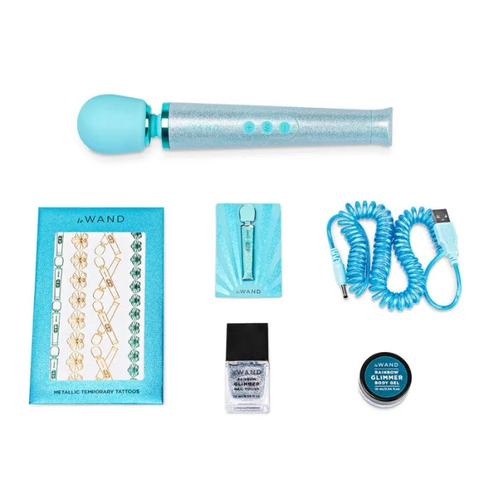 Le wand massager all that glimmers blue sparkling light blue wand massager with rounded head and three buttons for women’s health femtech