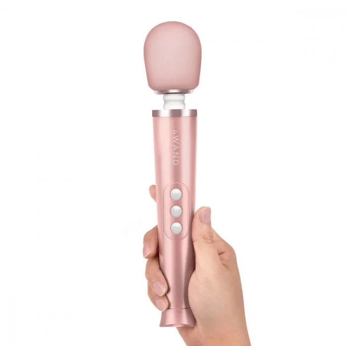 Rose gold iconic le wand petite wand massager with smooth rounded head and three buttons for rumbly vibrations