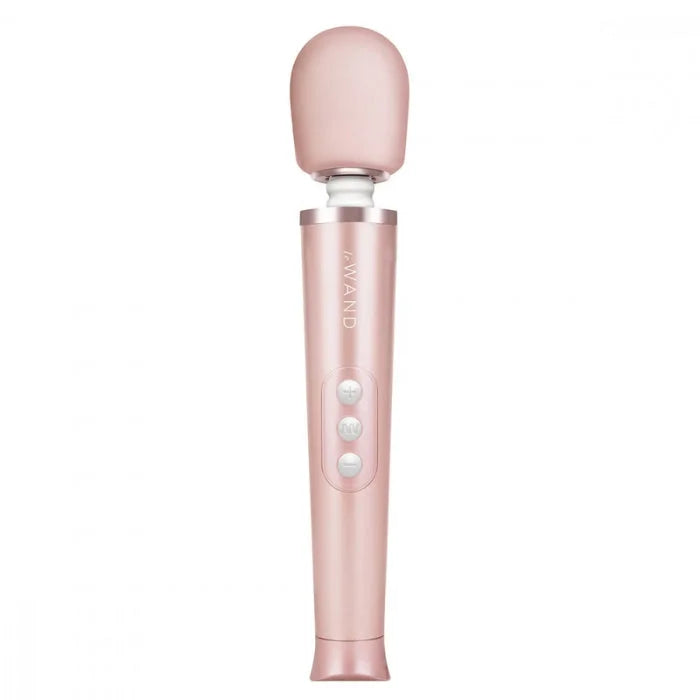 A sleek rose gold iconic le wand petite wand massager with rumbly vibrations and three control buttons on slender body