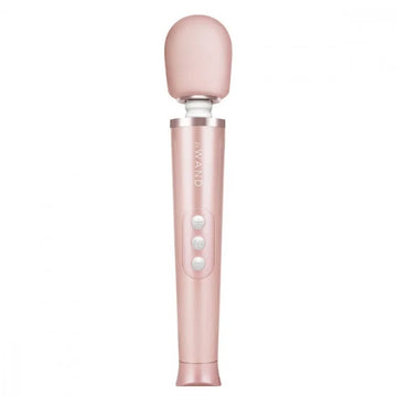 A sleek rose gold iconic le wand petite wand massager with rumbly vibrations and three control buttons on slender body