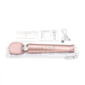 Rose gold le wand petite wand massager with rumbly vibrations and three buttons in clear zippered carrying case