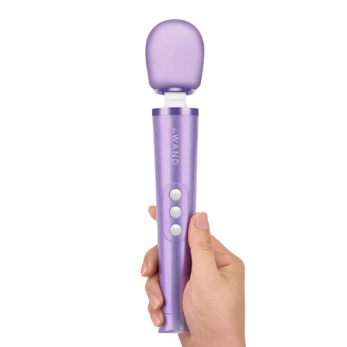 Le wand petite wand massager violet with smooth rounded head and three buttons delivers rumbly vibrations