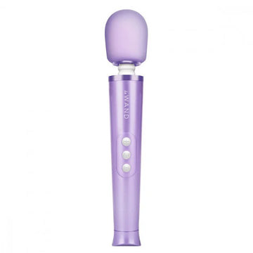 Purple le wand petite wand massager with rounded head and three control buttons for rumbly vibrations