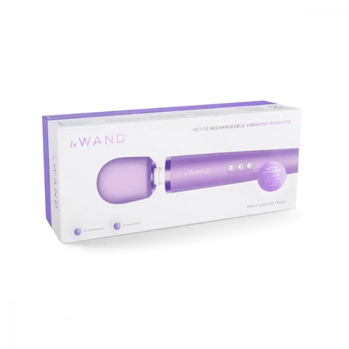 Purple lewand petite wand massager with rumbly vibrations in sleek modern packaging for iconic le wand experience