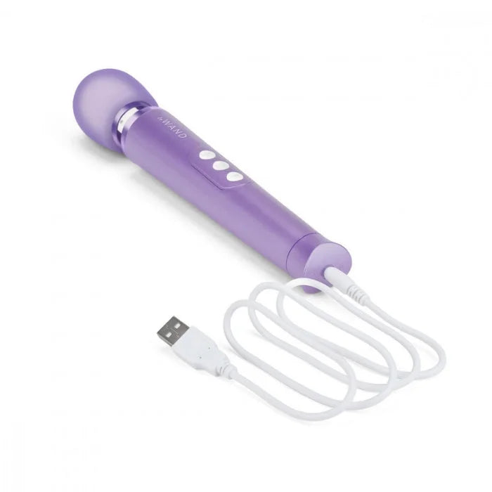 Purple le wand petite wand massager with rumbly vibrations usb charging cable and three white control buttons