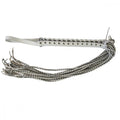 White leather corset flogger with braided silver metal and frayed ends