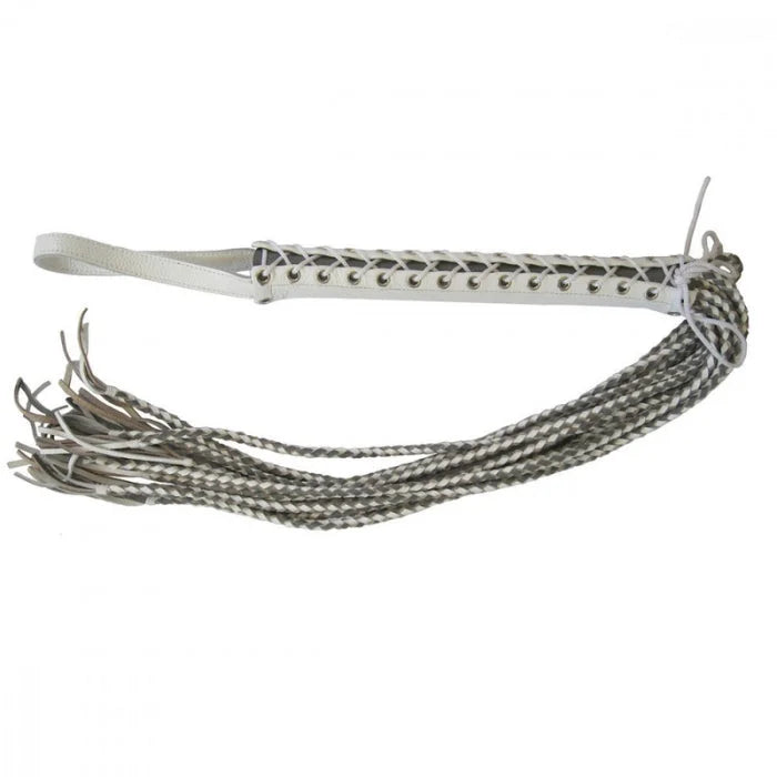White leather corset flogger with braided silver metal and frayed ends