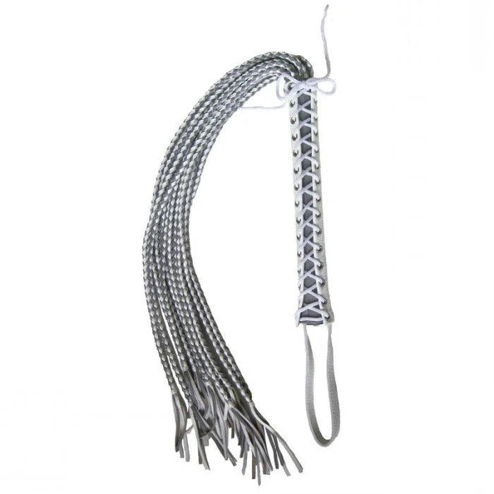 White grey leather corset flogger with silver braided whip