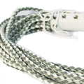 White and gray braided leather corset flogger with lace-up handle