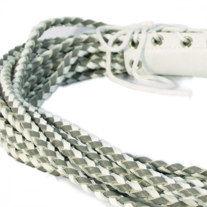 White and gray braided leather corset flogger with lace-up handle
