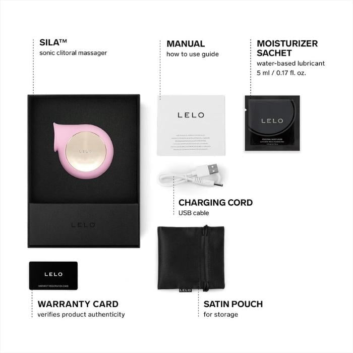 SILA™ Cruise sonic comes with a manual, Lelo water based lube 5ml sachet, charging cord, satin storage pouch and Lelo warranty card.
