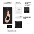 Lelo Dot Cruise includes a manual, Lelo water based lube 5ml sachet, charging cord, satin storage pouch and Lelo warranty card.
