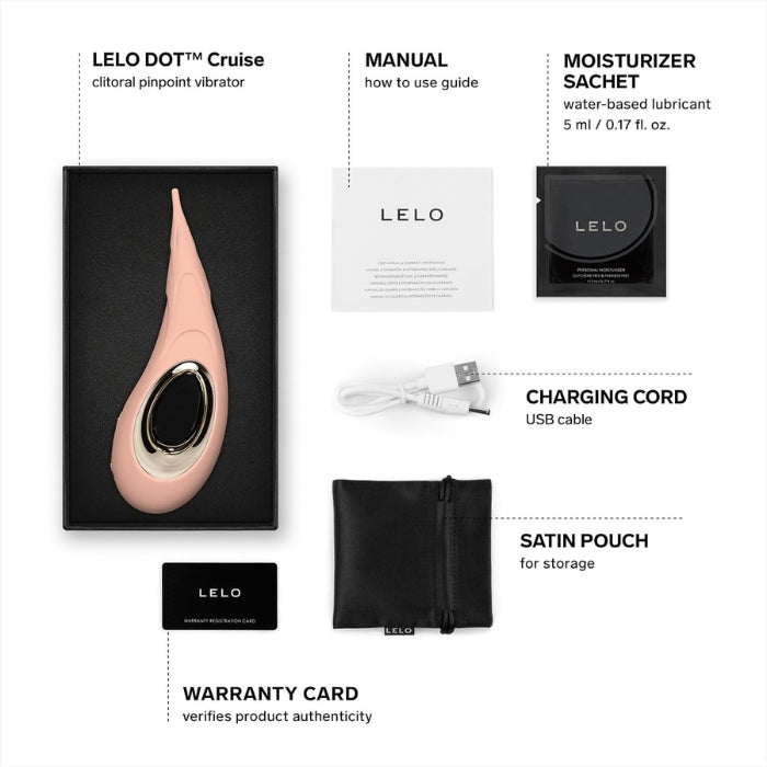 Lelo Dot Cruise includes a manual, Lelo water based lube 5ml sachet, charging cord, satin storage pouch and Lelo warranty card.