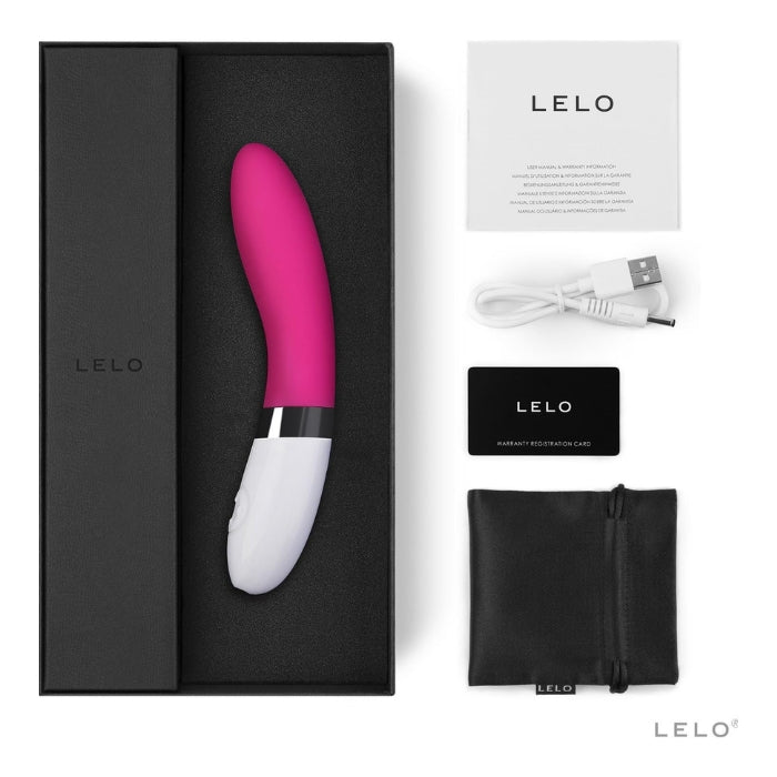 Lelo Liv 2 comes with a manual, water based lube 5ml sachet, charging cord, satin storage pouch and Lelo warranty card.