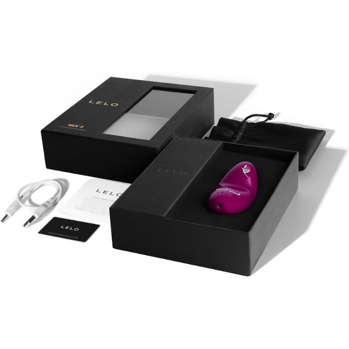 Deep Rose Lelo Nea 2 comes with a manual, charging cord, satin storage pouch and Lelo warranty card.