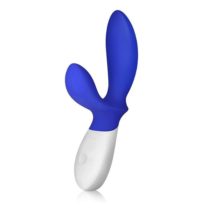 Blue and white Lelo Loki Wave vibrator featuring a curved dual-pronged design