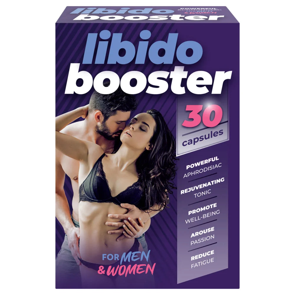 Purple box of libido booster capsules with 30 capsules featuring a couple in black lingerie on dark purple background