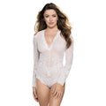 This stunning piece features a delicate stretch lace material that accentuates your curves, while the long sleeves with cut-out shoulders add an element of sophistication and allure to the overall design. Crafted from high-quality stretch lace, this teddy offers a comfortable and flexible fit, while the thong back adds a touch of playfulness and sensuality to the overall design. Size Extra Large.