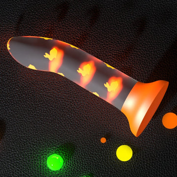 Luminous Bunny-Core silicone dildo with glowing orange flames and suction cup