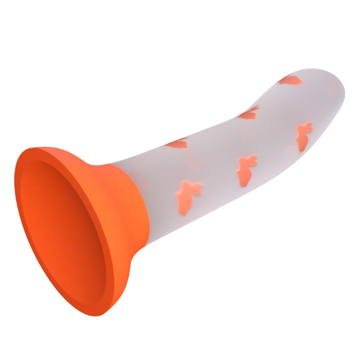 Luminous Bunny-Core silicone dildo with orange butterfly decals and suction cup base