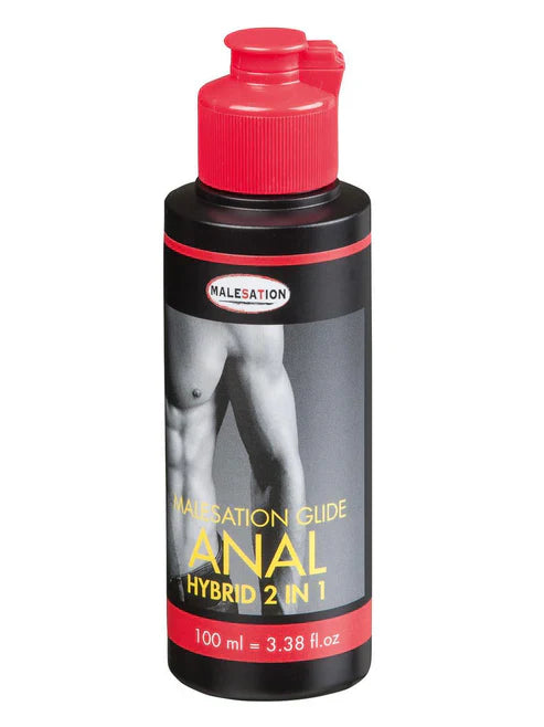Malesation Glide Anal Hybrid 2-in-1 lubricant bottle, 100ml black plastic with red cap